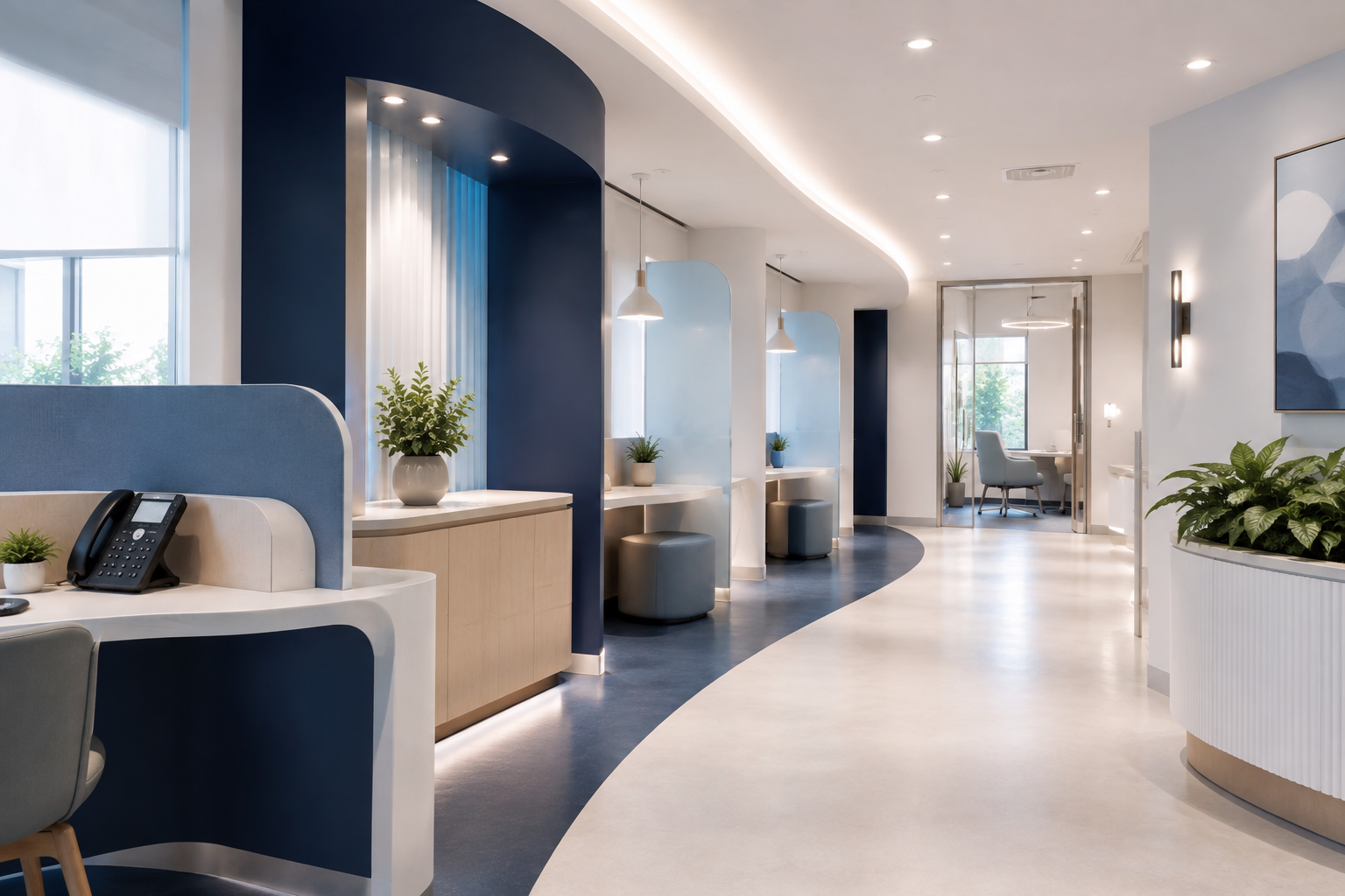 Continuous clinical research pathway connecting candidate follow-up with a private site appointment room.